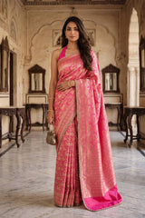 Pink Banarasi Silk Saree With Pichwai Woven Work