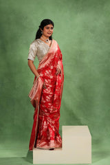 Red Banarasi Katan Silk Bridal Saree with Gold Zari and Scalloped Border