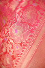 Pink Banarasi Silk Saree with Rose Floral Jaal Work