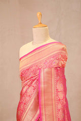 Pink Banarasi Silk Saree with Rose Floral Jaal Work
