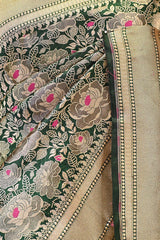 Bottle Green Banarasi Silk Saree with Rose Floral Jaal Work