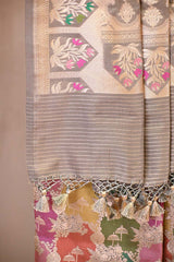 Grey Katan Silk Banarasi Saree with Water Gold Zari Jaal work