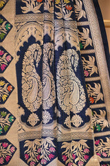 Navy Blue Katan Silk Banarasi Saree with Water Gold Zari Jaal work