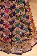 Deep Purple Banarasi Katan Silk Saree with Floral Rangkat Work