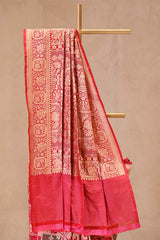 Red Rangkat Katan Silk Saree with mughal miniature and persian jaal artistry