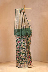 Bottle Green Katan Silk Rangkat Saree with Gold Zari woven
