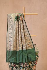 Bottle Green Katan Silk Rangkat Saree with Gold Zari woven