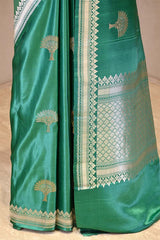 Sea Green Satin Silk Banarasi Saree with Floral Motifs