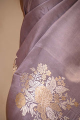 Lilac Satin Silk Banarasi Saree with Floral Motifs
