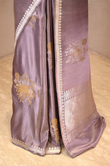 Lilac Satin Silk Banarasi Saree with Floral Motifs