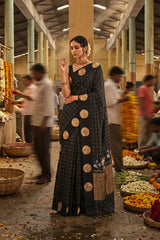 Banarasi Silk Black Saree with Mayur Motif and Tie & Dye Bandhani Print