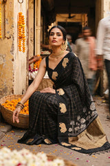 Banarasi Silk Black Saree with Gaja Motif and Tie & Dye Bandhani Print