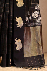 Banarasi Silk Black Saree with Gaja Motif and Tie & Dye Bandhani Print