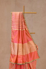 Peach Banarasi Katan Silk Saree with Sona-Rupa Geometric Stripes