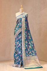 Teal Blue Banarasi Silk Saree with Sona-Rupa Grapes & Birds Woven Jaal
