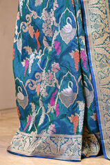 Teal Blue Banarasi Silk Saree with Sona-Rupa Grapes & Birds Woven Jaal