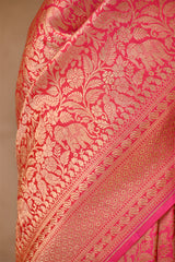 Rani Pink Pure Banarasi Saree with Shikargah Jaal