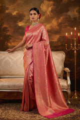 Rani Pink Pure Banarasi Saree with Shikargah Jaal