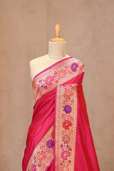 Magenta Pink Banarasi Saree with Gold Zari Floral Meenakari Border