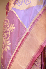 Lilac Pure Banarasi Silk Saree with Checks & Floral Butas