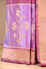 Lilac Pure Banarasi Silk Saree with Checks & Floral Butas