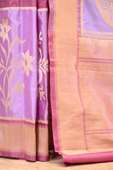 Lilac Pure Banarasi Silk Saree with Checks & Floral Butas