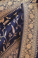 Navy Blue Pure Banarasi Silk Saree with Floral Jaal