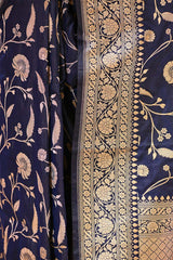 Navy Blue Pure Banarasi Silk Saree with Floral Jaal