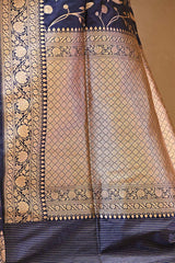Navy Blue Pure Banarasi Silk Saree with Floral Jaal