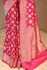 Pink Pure Banarasi Silk Saree with Polka Dot Butas