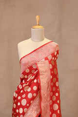 Red Pure Banarasi Silk Saree with Polka Dot Butas