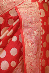 Red Pure Banarasi Silk Saree with Polka Dot Butas
