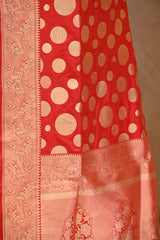 Red Pure Banarasi Silk Saree with Polka Dot Butas