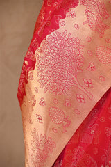 Red Banarasi Silk Saree with Gold Zari Alfi Floral Jaal and Nakshi Border