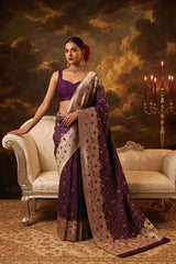Women wearing an Pure Banarasi Saree in an French Painting Background and luxury setting.