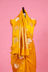 Yellow Handloom Banarasi Silk Saree With Peacock Motifs