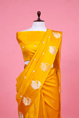 Yellow Handloom Banarasi Silk Saree With Peacock Motifs