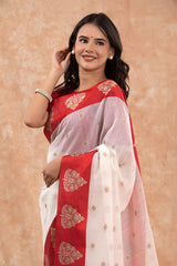 Red & White Cotton Banarasi Saree
