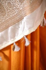 Mustard Yellow Semi Satin Silk Saree with Contrast Floral Gold Zari Border