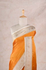 Mustard Yellow Semi Satin Silk Saree with Contrast Floral Gold Zari Border