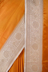 Mustard Yellow Semi Satin Silk Saree with Contrast Floral Gold Zari Border