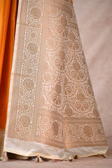 Mustard Yellow Semi Satin Silk Saree with Contrast Floral Gold Zari Border