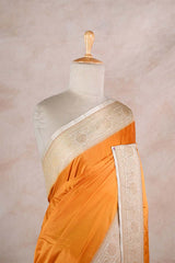 Mustard Yellow Semi Satin Silk Saree with Contrast Floral Gold Zari Border