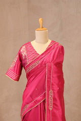 Pink Aari and Sequin Embellished Semi Silk Saree with Lace Border
