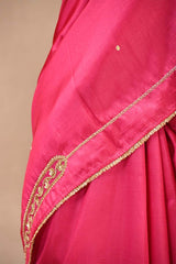 Pink Aari and Sequin Embellished Semi Silk Saree with Lace Border