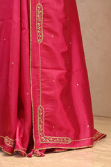 Pink Aari and Sequin Embellished Semi Silk Saree with Lace Border