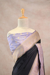 Black Semi Satin Silk Saree with Contrast Floral Gold Zari Border