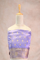 Navy Blue Semi Satin Silk Saree with Contrast Violet Floral Gold Zari Border