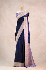 Navy Blue Semi Satin Silk Saree with Contrast Violet Floral Gold Zari Border