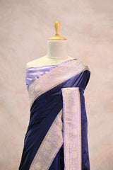 Navy Blue Semi Satin Silk Saree with Contrast Violet Floral Gold Zari Border